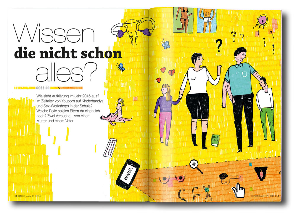 Wissen die nicht schon alles?, Illustration von Michael Zander für Eltern-Family, Ausgabe 7/2015 "Wie sieht Aufklärung im Jahr 2015 aus?"