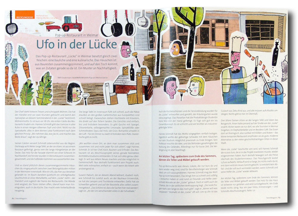 Ufo in der Lücke, Illustration von Michael Zander für das Trennt-Magazin, Nr. 8 (Herbst 2014) "Das Pop-up-Restaurant "Lücke" in Weimar besetzt gleich zwei Nischen: eine bauliche und eine kulinarische."
